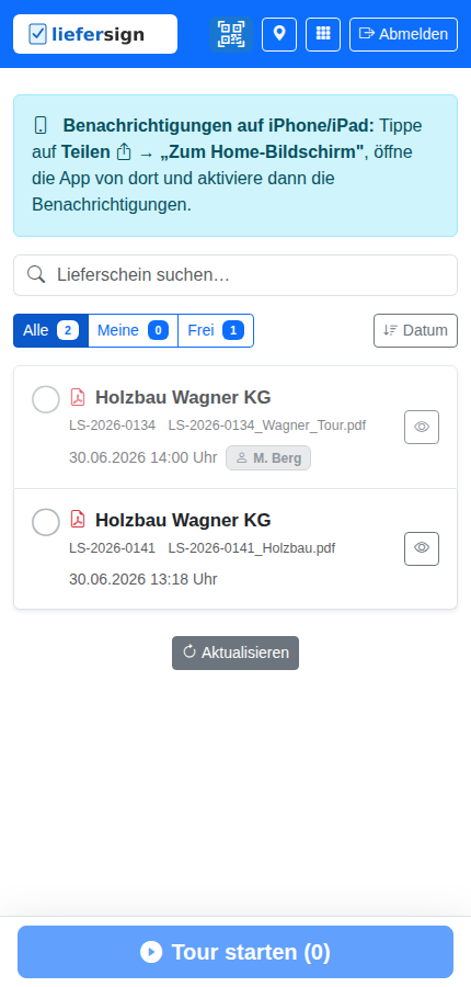 Fahrer-App mit Tourübersicht auf dem Smartphone
