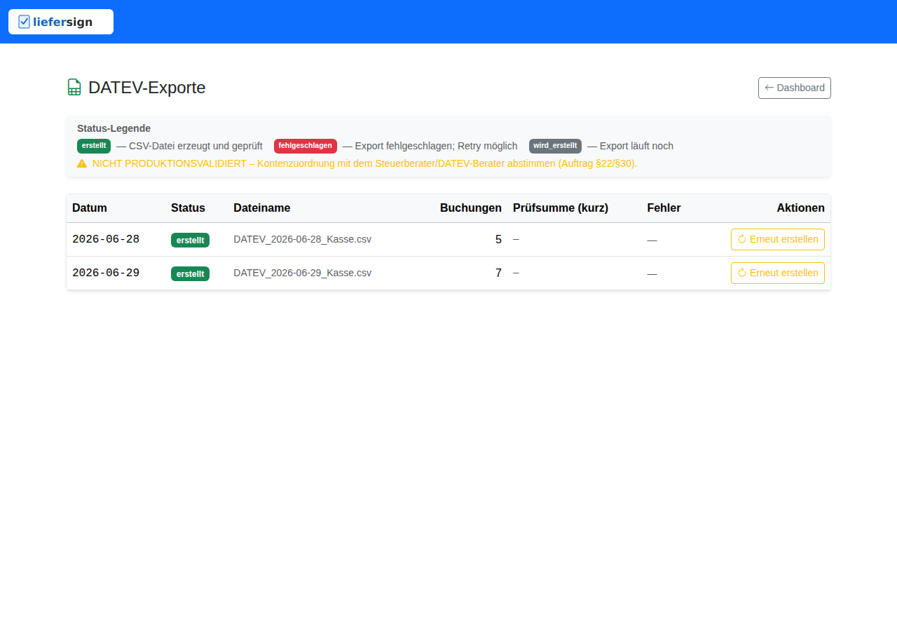 DATEV-Export-Übersicht nach Tagesabschluss